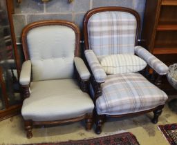 A pair of Victorian mahogany upholstered spoon back armchairs, larger width 68cm, depth 80cm, height