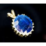 A yellow metal mounted sapphire and diamond set oval cluster pendant, 23mm, gross 4.6 grams.