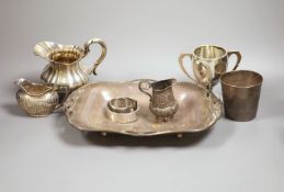 A silver dish, marks rubbed, a silver cream jug, similar 800 jug and five other items, weighable