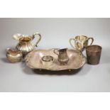 A silver dish, marks rubbed, a silver cream jug, similar 800 jug and five other items, weighable