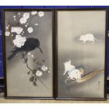 Kosan, two woodblock prints, Raven on a branch and Mice with a feather, 34 x 18cm
