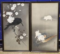 Kosan, two woodblock prints, Raven on a branch and Mice with a feather, 34 x 18cm