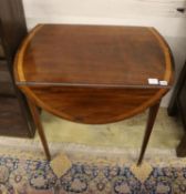 A George III mahogany and satinwood banded oval topped Pembroke table, width 79cm, depth 52cm,