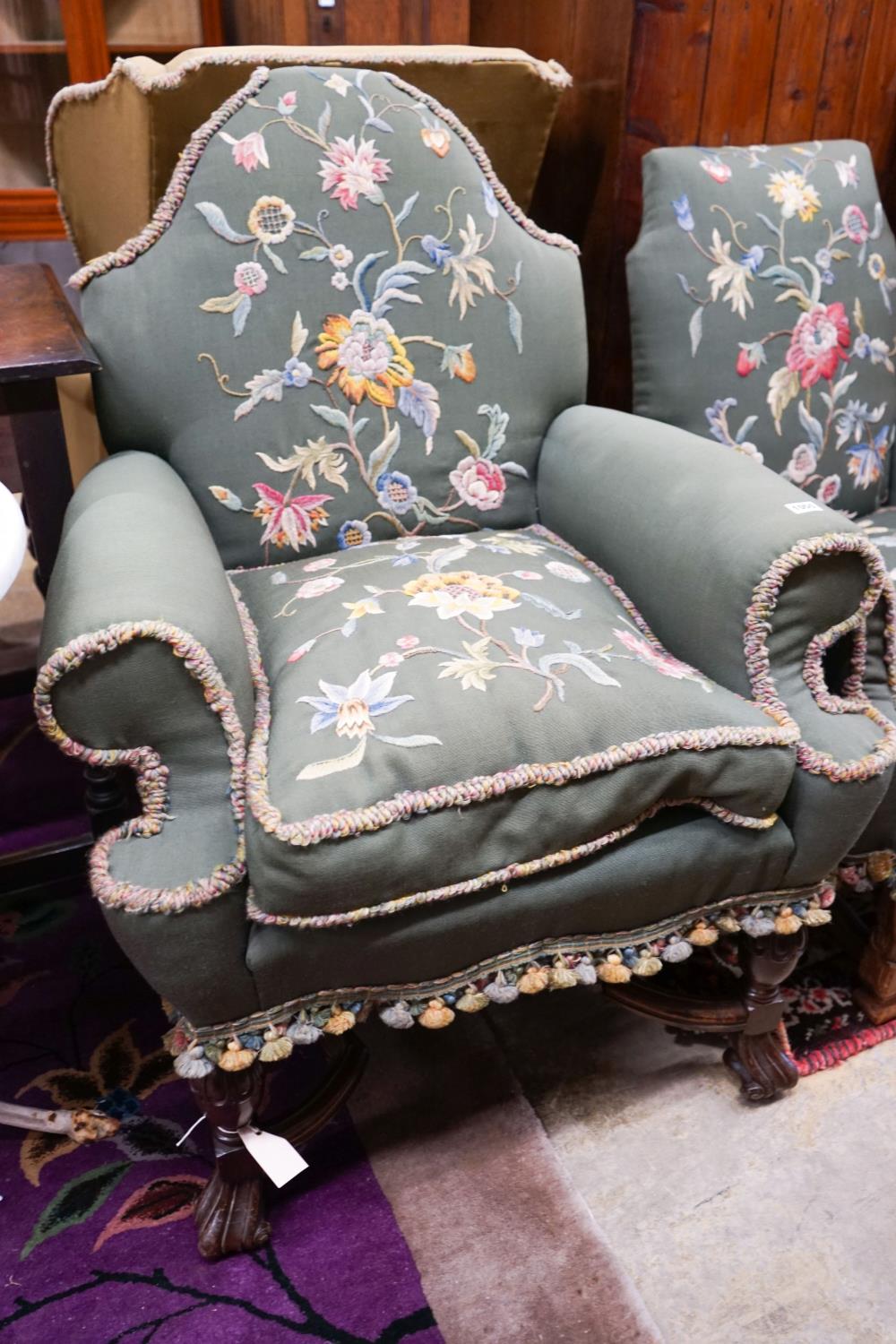 Two armchairs with shaped backs, each upholstered in green with embroidered flowers, on shaped cross - Image 2 of 4