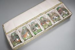 A boxed set of six Chinese inside-painted snuff bottles, height 8cm overall