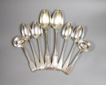 A pair of George III silver hourglass pattern basting spoons, London, 1812, a pair of silver sauce