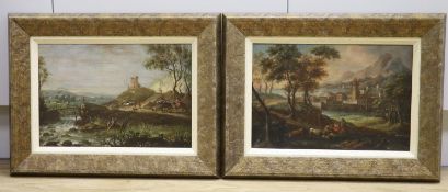 Italian School, pair of oils on board, 17th century landscapes with travellers and cattle drover, 22