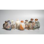 Six Chinese inside painted glass snuff bottles, an agate cameo snuff bottle and an incised crackle