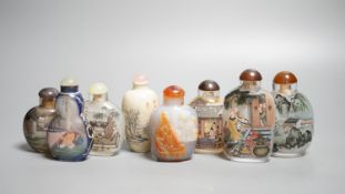 Six Chinese inside painted glass snuff bottles, an agate cameo snuff bottle and an incised crackle