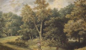 Attributed to T. Middleton, oil on board, Figures in woodland, 17 x 27cm