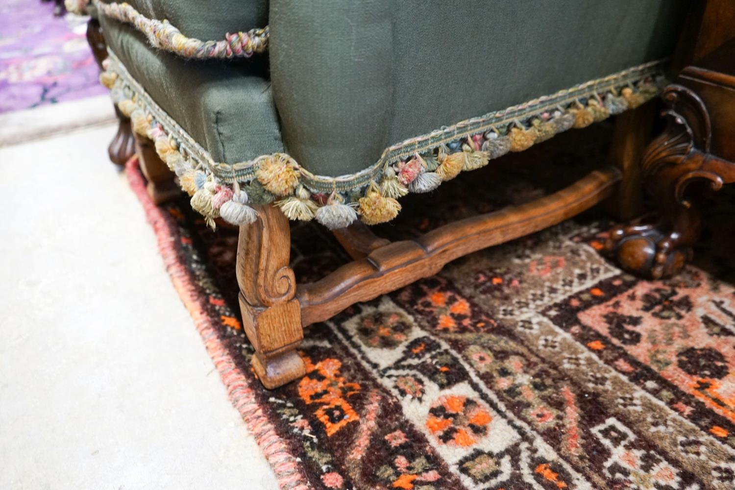 Two armchairs with shaped backs, each upholstered in green with embroidered flowers, on shaped cross - Image 4 of 4