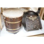 A carved oak purdonium and a circular wooden log box, overall height 42cm