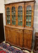 A small Queen Anne revival walnut breakfront library bookcase, length 132cm, depth 34cm, height