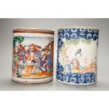 Two 18th century Chinese export famille rose tankards, tallest 13cm (damaged)