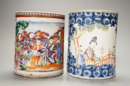 Two 18th century Chinese export famille rose tankards, tallest 13cm (damaged)