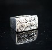 A 585 white metal and diamond cluster set tablet ring (stone missing), size N/O, gross 8.1 grams.