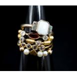 A 9ct and 'silver' white opal and gem set ring and four other thin shank yellow metal and gem set