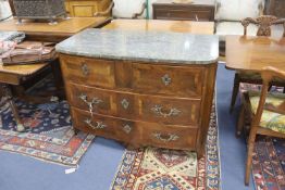 An 18th century French banded walnut marble topped bow front commode, width 112cm, depth 59cm,
