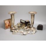 Sundry silver including a pair of spill vases, napkin rings, teaspoons sent bottle etc.