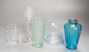 Venini Murano glass vases, jugs and carafes with red trailed rims, tallest 24 cm, la Murrina sets of