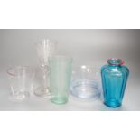 Venini Murano glass vases, jugs and carafes with red trailed rims, tallest 24 cm, la Murrina sets of