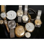 A group of assorted steel or gold plated wrist and pocket watches including six Omega (one military)