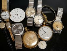 A group of assorted steel or gold plated wrist and pocket watches including six Omega (one military)