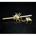 An Edwardian yellow metal and gem set spider bar brooch, 53mm, the safety chain with similar gem set