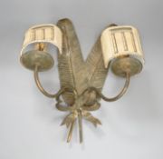 A pair of two branch ‘feather quill’ wall sconces, height 35cm