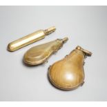 Two French lant horn powder flasks with brass mounts c.1800, one with graduated folding charger, and