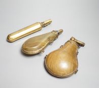 Two French lant horn powder flasks with brass mounts c.1800, one with graduated folding charger, and