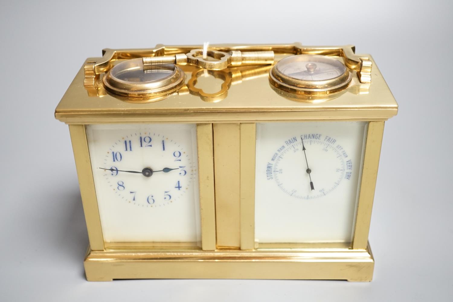 A late 19th century French brass cased eight day timepiece, combined barometer/compass, heighg 11cm - Image 3 of 7