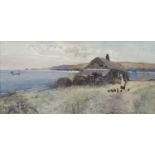 Carleton Grant, watercolour, Coastal scene with woman feeding chickens beside a cottage, signed