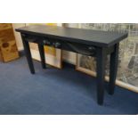 A grey painted pine console table, with scrolling apron, width 160cm depth 40cm height 78cm