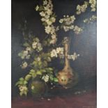 Modern British, oil on board, Still life of flowers in vases, indistinctly signed, 50 x 40cm