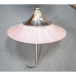 A chrome and pink and clear glass 1930's hanging ceiling light