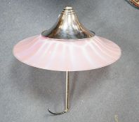 A chrome and pink and clear glass 1930's hanging ceiling light