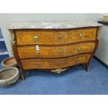 A late 18th century French banded kingwood serpentine marble top commode, with gilt metal mounts,