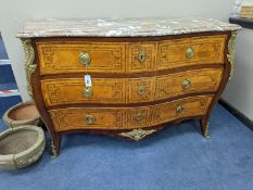 A late 18th century French banded kingwood serpentine marble top commode, with gilt metal mounts,
