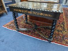 A William and Mary style rectangular marquetry and bone inlaid walnut side table, fitted drawer on