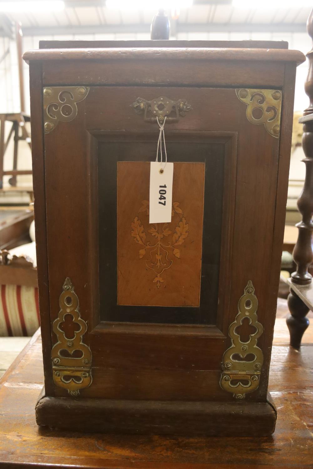 A late Victorian brass mounted inlaid mahogany coal purdonium and scoop, width 32cm, depth 32cm, - Image 2 of 4