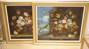 Continental School, pair of oils on canvas, Still lifes of flowers in baskets with birds perched