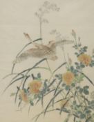 Chinese School, hand coloured woodblock print, Goose and flowering plants, 47 x 37cm