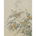 Chinese School, hand coloured woodblock print, Goose and flowering plants, 47 x 37cm