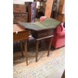 A Victorian mahogany writing/work table with twin hinged flap top, width 42cm, depth 50cm, height