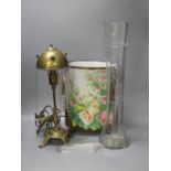 A brass and glass table lamp, a Continental floral painted porcelain vase and a cut glass vase 50cm