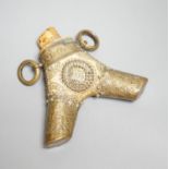 A Transylvanian staghorn powder flask 18th century, geometric decoration to body and brass mounts