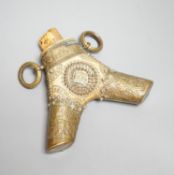 A Transylvanian staghorn powder flask 18th century, geometric decoration to body and brass mounts