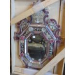 A Venetian etched pink and clear glass wall mirror with octagonal plate, (damage) width 84cm, height