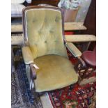 A Victorian mahogany upholstered open armchair, width 65cm, depth 70cm, height 94cm